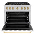 ZLINE Autograph Edition 36 in. 5.2 cu. ft. Classic Dual Fuel Range with 6 Burner Gas Cooktop and Electric Convection Oven in Stainless Steel with White Matte Door and Polished Gold Accents, Open Box-Great Condition
