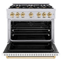 ZLINE Autograph Edition 36 in. 5.2 cu. ft. Classic Dual Fuel Range with 6 Burner Gas Cooktop and Electric Convection Oven in Stainless Steel with White Matte Door and Polished Gold Accents, Open Box-Good Condition