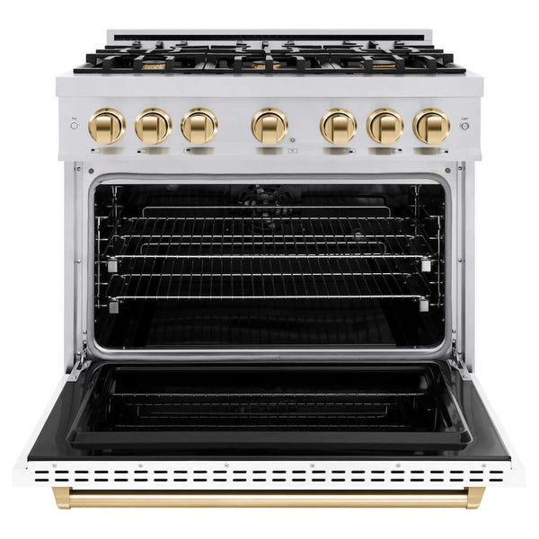 ZLINE Autograph Edition 36 in. 5.2 cu. ft. Classic Dual Fuel Range with 6 Burner Gas Cooktop and Electric Convection Oven in Stainless Steel with White Matte Door and Polished Gold Accents, Open Box-Good Condition