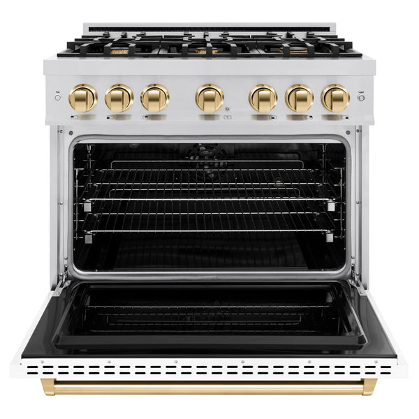 ZLINE Autograph Edition 36 in. 5.2 cu. ft. Classic Dual Fuel Range with 6 Burner Gas Cooktop and Electric Convection Oven in Stainless Steel with White Matte Door and Polished Gold Accents, Open Box-Great Condition