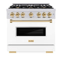 ZLINE Autograph Edition 36 in. 5.2 cu. ft. Classic Dual Fuel Range with 6 Burner Gas Cooktop and Electric Convection Oven in Stainless Steel with White Matte Door and Polished Gold Accents, Open Box-Good Condition