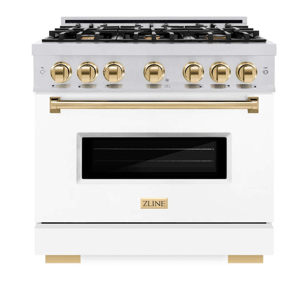 ZLINE Autograph Edition 36 in. 5.2 cu. ft. Classic Dual Fuel Range with 6 Burner Gas Cooktop and Electric Convection Oven in Stainless Steel with White Matte Door and Polished Gold Accents, Open Box-Good Condition