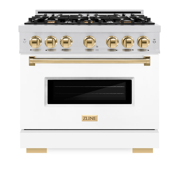 ZLINE Autograph Edition 36 in. 5.2 cu. ft. Classic Dual Fuel Range with 6 Burner Gas Cooktop and Electric Convection Oven in Stainless Steel with White Matte Door and Polished Gold Accents, Open Box-Great Condition