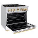 ZLINE Autograph Edition 36 in. 5.2 cu. ft. Classic Dual Fuel Range with 6 Burner Gas Cooktop and Electric Convection Oven in Stainless Steel with White Matte Door and Polished Gold Accents, Open Box-Great Condition