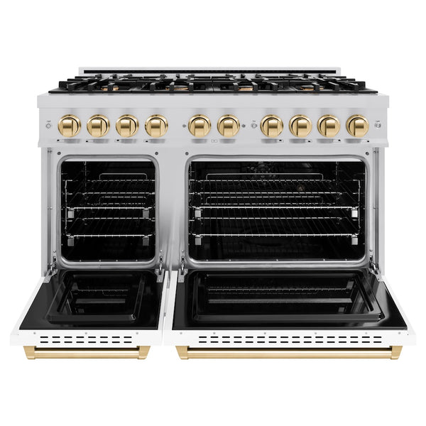 ZLINE Autograph Edition 48 in. 6.7 cu. ft. Classic Double Oven Dual Fuel Range with 8 Burner Gas Cooktop in Stainless Steel with White Matte Door and Polished Gold Accents, Open Box-Great Condition
