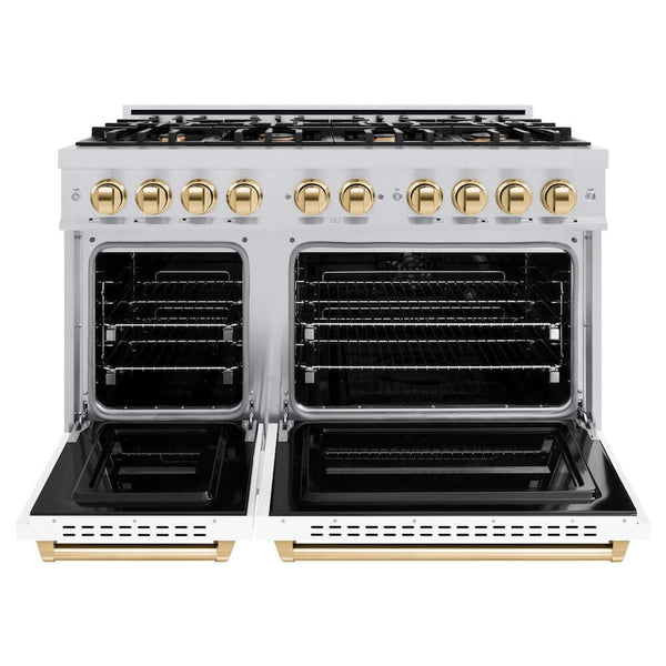 ZLINE Autograph Edition 48 in. 6.7 cu. ft. Classic Double Oven Dual Fuel Range with 8 Burner Gas Cooktop in Stainless Steel with White Matte Door and Polished Gold Accents, Open Box-Good Condition