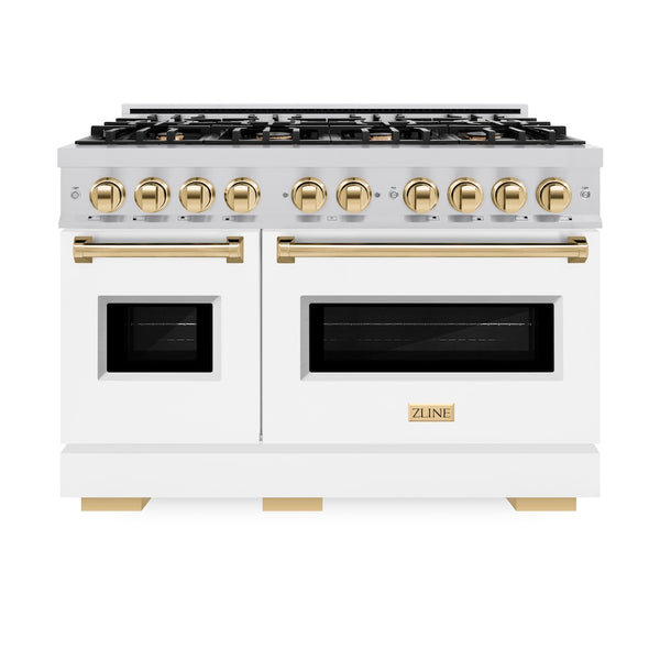 ZLINE Autograph Edition 48 in. 6.7 cu. ft. Classic Double Oven Dual Fuel Range with 8 Burner Gas Cooktop in Stainless Steel with White Matte Door and Polished Gold Accents, Open Box-Great Condition
