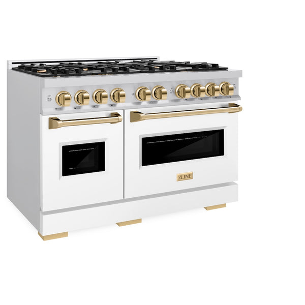 ZLINE Autograph Edition 48 in. 6.7 cu. ft. Classic Double Oven Dual Fuel Range with 8 Burner Gas Cooktop in Stainless Steel with White Matte Door and Polished Gold Accents, Open Box-Great Condition