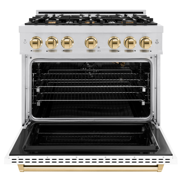 ZLINE Autograph Edition 36 in. 5.2 cu. ft. Classic Gas Range with 6 Burner Cooktop and Convection Gas Oven in Stainless Steel with White Matte Door and Polished Gold Accents (CGRZ-WM-36-G)