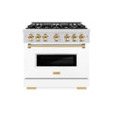 ZLINE Autograph Edition 36 in. 5.2 cu. ft. Classic Gas Range with 6 Burner Cooktop and Convection Gas Oven in Stainless Steel with White Matte Door and Polished Gold Accents (CGRZ-WM-36-G)