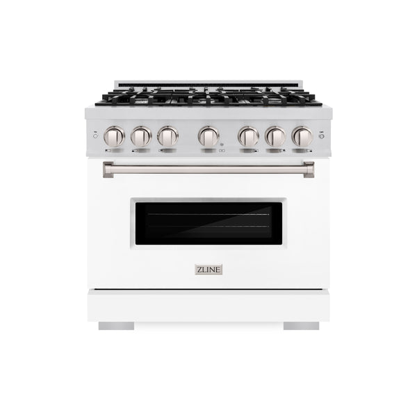 ZLINE 36 in. 5.2 cu. ft. Classic Dual Fuel Range with 6 Burner Gas Cooktop and Electric Convection Oven in Stainless Steel with White Matte Door (CDR-WM-36)