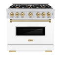 ZLINE Autograph Edition 36 in. 5.2 cu. ft. Classic Gas Range with 6 Burner Cooktop and Convection Gas Oven in Stainless Steel with White Matte Door and Champagne Bronze Accents (CGRZ-WM-36-CB)