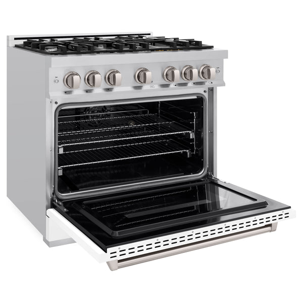 ZLINE 36 in. 5.2 cu. ft. Classic Dual Fuel Range with 6 Burner Gas Cooktop and Electric Convection Oven in Stainless Steel with White Matte Door (CDR-WM-36)