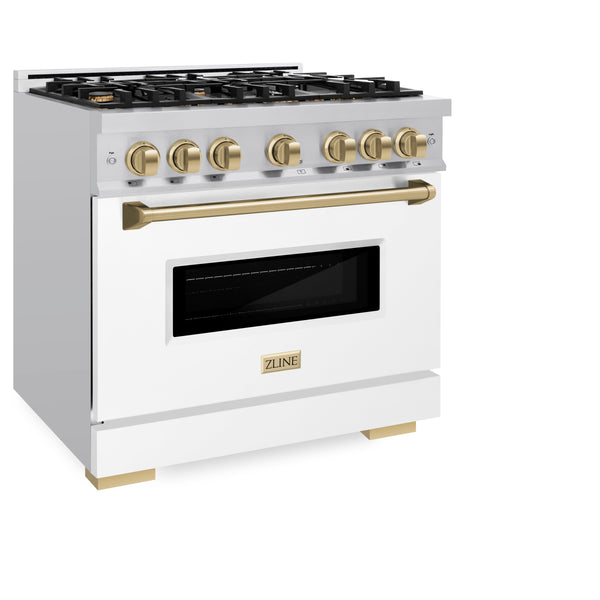 ZLINE Autograph Edition 36 in. 5.2 cu. ft. Classic Gas Range with 6 Burner Cooktop and Convection Gas Oven in Stainless Steel with White Matte Door and Champagne Bronze Accents (CGRZ-WM-36-CB)