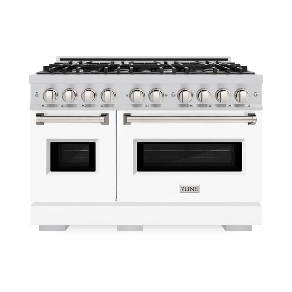 ZLINE 48 in. 6.7 cu. ft. Classic Double Oven Dual Fuel Range with 8 Burner Gas Cooktop in Stainless Steel with White Matte Doors (CDR-WM-48)