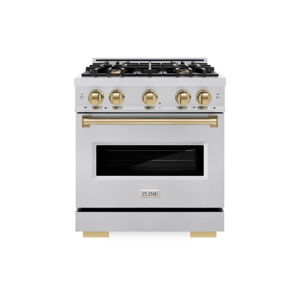 ZLINE Autograph Edition 30 in. 4.2 cu. ft. Classic Gas Range with 4 Burner Cooktop and Convection Gas Oven in Stainless Steel and Champagne Bronze Accents, Open Box-Great Condition