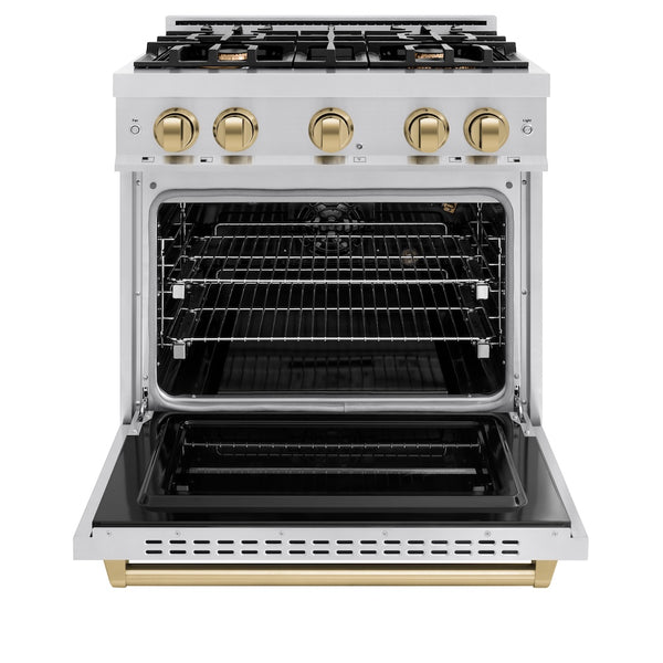 ZLINE Autograph Edition 30 in. 4.2 cu. ft. Classic Gas Range with 4 Burner Cooktop and Convection Gas Oven in Stainless Steel and Champagne Bronze Accents, Open Box-Great Condition