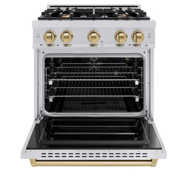 ZLINE Autograph Edition 30 in. 4.2 cu. ft. Classic Gas Range with 4 Burner Cooktop and Convection Gas Oven in Stainless Steel and Champagne Bronze Accents, Open Box-Good Condition
