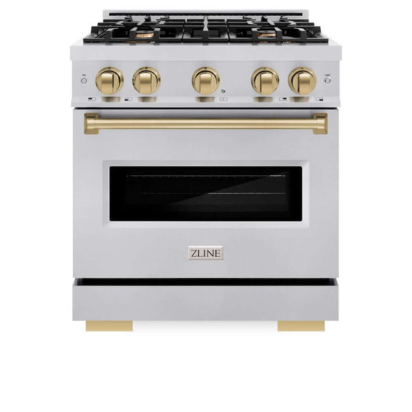 ZLINE Autograph Edition 30 in. 4.2 cu. ft. Classic Gas Range with 4 Burner Cooktop and Convection Gas Oven in Stainless Steel and Champagne Bronze Accents, Open Box-Good Condition