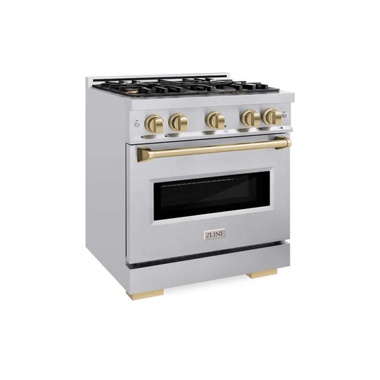 ZLINE Autograph Edition 30 in. 4.2 cu. ft. Classic Gas Range with 4 Burner Cooktop and Convection Gas Oven in Stainless Steel and Champagne Bronze Accents, Open Box-Good Condition