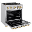 ZLINE Autograph Edition 30 in. 4.2 cu. ft. Classic Gas Range with 4 Burner Cooktop and Convection Gas Oven in Stainless Steel and Champagne Bronze Accents, Open Box-Great Condition