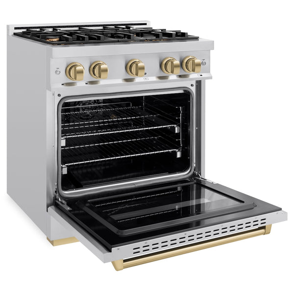 ZLINE Autograph Edition 30 in. 4.2 cu. ft. Classic Gas Range with 4 Burner Cooktop and Convection Gas Oven in Stainless Steel and Champagne Bronze Accents, Open Box-Great Condition