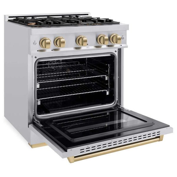 ZLINE Autograph Edition 30 in. 4.2 cu. ft. Classic Gas Range with 4 Burner Cooktop and Convection Gas Oven in Stainless Steel and Champagne Bronze Accents, Open Box-Good Condition