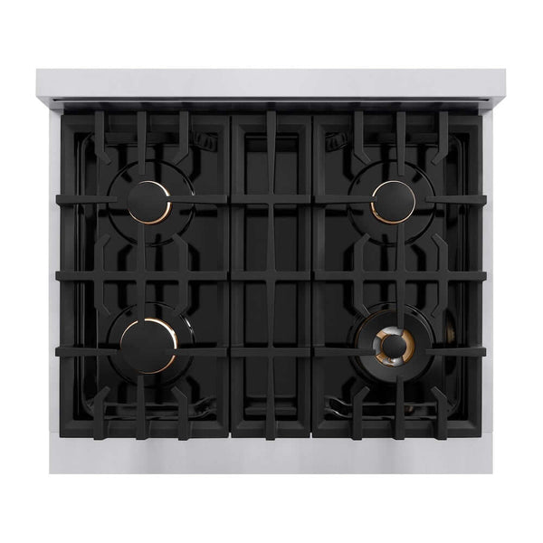 ZLINE Autograph Edition 30 in. 4.2 cu. ft. Classic Gas Range with 4 Burner Cooktop and Convection Gas Oven in Stainless Steel and Champagne Bronze Accents, Open Box-Good Condition