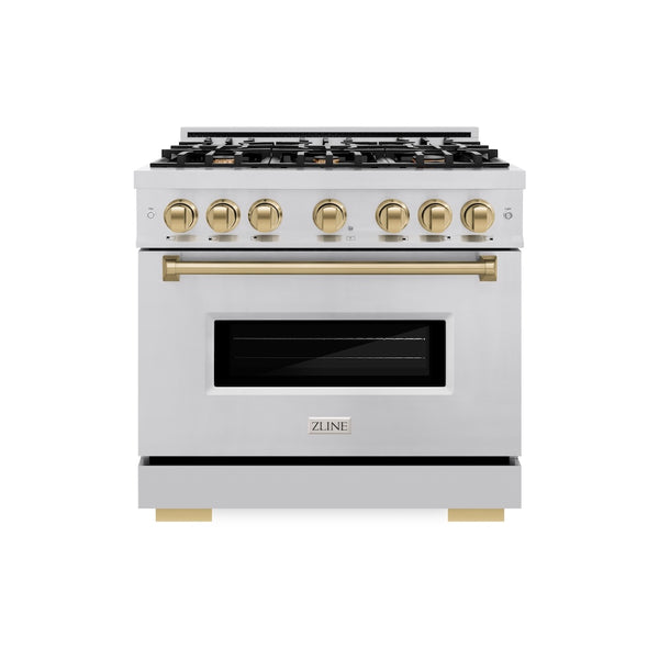 ZLINE Autograph Edition 36 in. 5.2 cu. ft. Classic Gas Range with 6 Burner Cooktop and Convection Gas Oven in Stainless Steel and Champagne Bronze Accents, Open Box-Great Condition