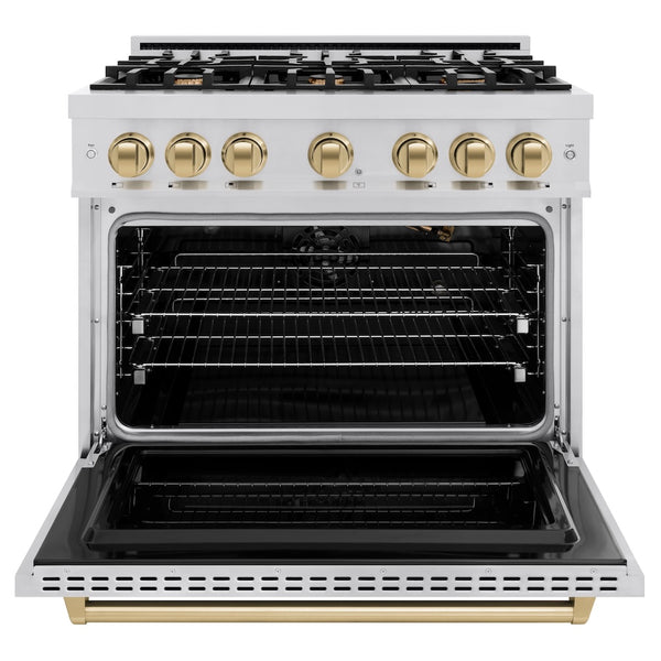 ZLINE Autograph Edition 36 in. 5.2 cu. ft. Classic Gas Range with 6 Burner Cooktop and Convection Gas Oven in Stainless Steel and Champagne Bronze Accents, Open Box-Great Condition