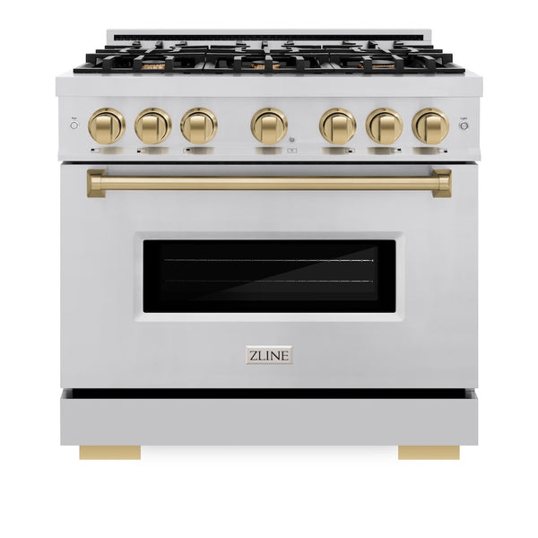 ZLINE Autograph Edition 36 in. 5.2 cu. ft. Classic Gas Range with 6 Burner Cooktop and Convection Gas Oven in Stainless Steel and Champagne Bronze Accents, Open Box-Great Condition