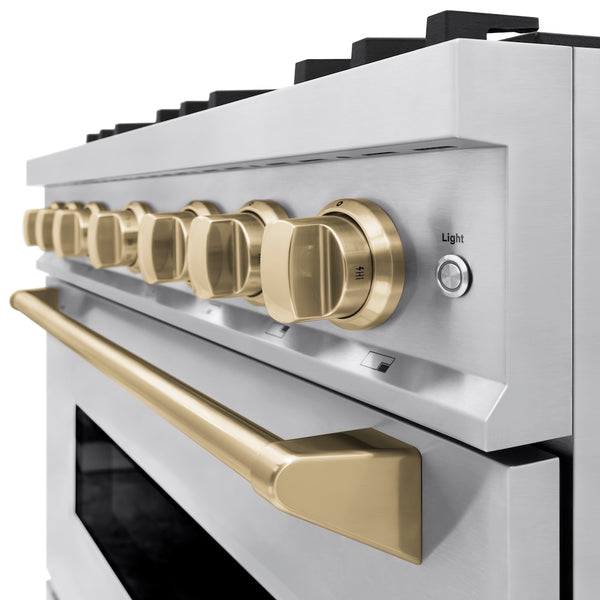 ZLINE Autograph Edition 36 in. 5.2 cu. ft. Classic Gas Range with 6 Burner Cooktop and Convection Gas Oven in Stainless Steel and Champagne Bronze Accents, Open Box-Great Condition