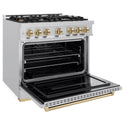 ZLINE Autograph Edition 36 in. 5.2 cu. ft. Classic Gas Range with 6 Burner Cooktop and Convection Gas Oven in Stainless Steel and Champagne Bronze Accents, Open Box-Great Condition