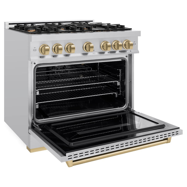 ZLINE Autograph Edition 36 in. 5.2 cu. ft. Classic Gas Range with 6 Burner Cooktop and Convection Gas Oven in Stainless Steel and Champagne Bronze Accents, Open Box-Great Condition