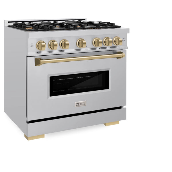 ZLINE Autograph Edition 36 in. 5.2 cu. ft. Classic Gas Range with 6 Burner Cooktop and Convection Gas Oven in Stainless Steel and Champagne Bronze Accents, Open Box-Great Condition