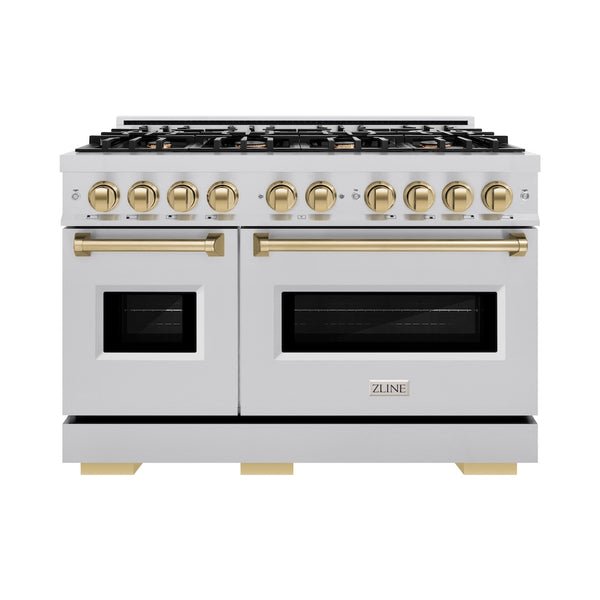 ZLINE Autograph Edition 48 in. 6.7 cu. ft. Classic Double Oven Gas Range with 8 Burner Cooktop in Stainless Steel and Champagne Bronze Accents, Open Box-Great Condition