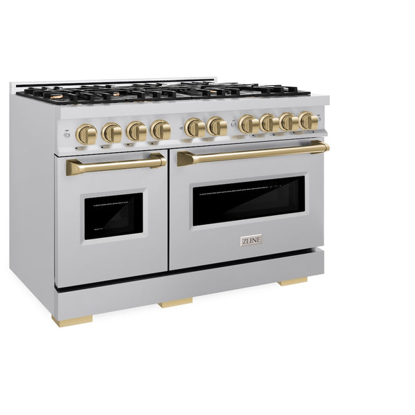 ZLINE Autograph Edition 48 in. 6.7 cu. ft. Classic Double Oven Gas Range with 8 Burner Cooktop in Stainless Steel and Champagne Bronze Accents, Open Box-Great Condition