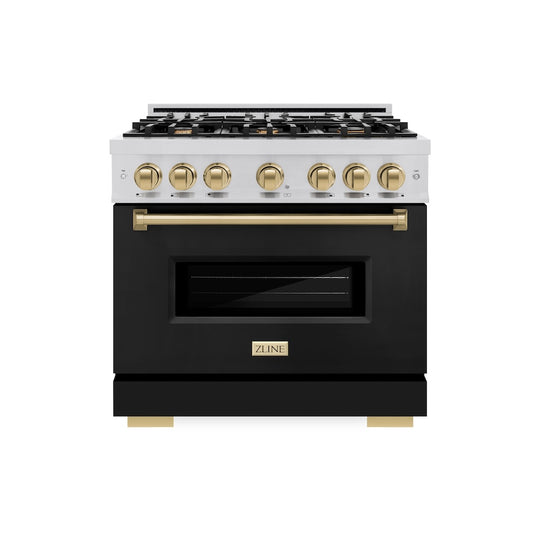 ZLINE Autograph Edition 36 in. 5.2 cu. ft. Classic Gas Range with 6 Burner Cooktop and Convection Gas Oven in Stainless Steel with Black Matte Door and Champagne Bronze Accents (CGRZ-BLM-36-CB)