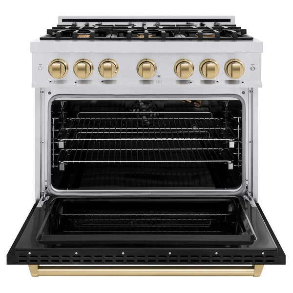 ZLINE Autograph Edition 36 in. 5.2 cu. ft. Classic Gas Range with 6 Burner Cooktop and Convection Gas Oven in Stainless Steel with Black Matte Door and Champagne Bronze Accents, Open Box-Good Condition