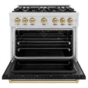 ZLINE Autograph Edition 36 in. 5.2 cu. ft. Classic Gas Range with 6 Burner Cooktop and Convection Gas Oven in Stainless Steel with Black Matte Door and Champagne Bronze Accents, Open Box-Great Condition