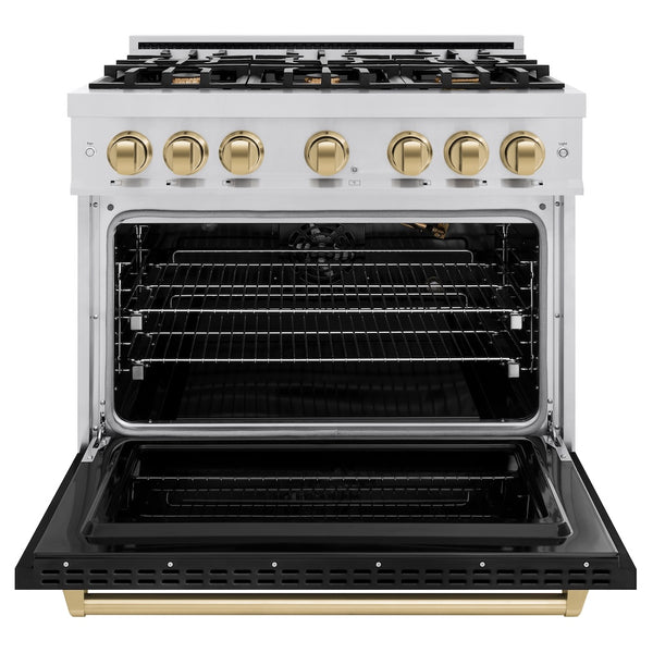 ZLINE Autograph Edition 36 in. 5.2 cu. ft. Classic Gas Range with 6 Burner Cooktop and Convection Gas Oven in Stainless Steel with Black Matte Door and Champagne Bronze Accents, Open Box-Great Condition