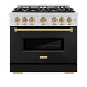 ZLINE Autograph Edition 36 in. 5.2 cu. ft. Classic Gas Range with 6 Burner Cooktop and Convection Gas Oven in Stainless Steel with Black Matte Door and Champagne Bronze Accents, Open Box-Good Condition