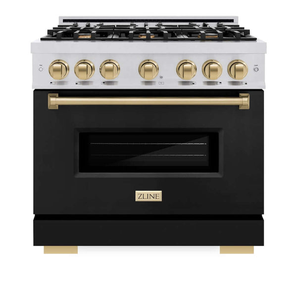 ZLINE Autograph Edition 36 in. 5.2 cu. ft. Classic Gas Range with 6 Burner Cooktop and Convection Gas Oven in Stainless Steel with Black Matte Door and Champagne Bronze Accents, Open Box-Good Condition