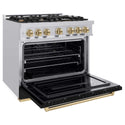 ZLINE Autograph Edition 36 in. 5.2 cu. ft. Classic Gas Range with 6 Burner Cooktop and Convection Gas Oven in Stainless Steel with Black Matte Door and Champagne Bronze Accents, Open Box-Good Condition