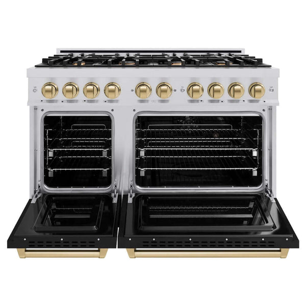 ZLINE Autograph Edition 48 in. 6.7 cu. ft. Classic Double Oven Gas Range with 8 Burner Cooktop in Stainless Steel with Black Matte Doors and Champagne Bronze Accents, Open Box-Good Condition
