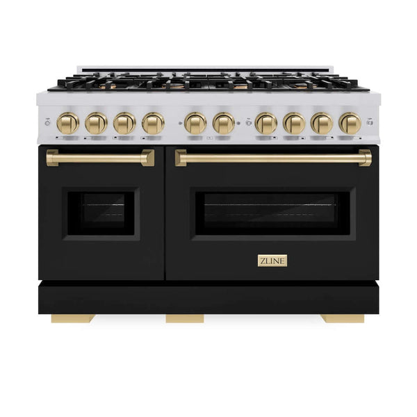ZLINE Autograph Edition 48 in. 6.7 cu. ft. Classic Double Oven Gas Range with 8 Burner Cooktop in Stainless Steel with Black Matte Doors and Champagne Bronze Accents, Open Box-Good Condition