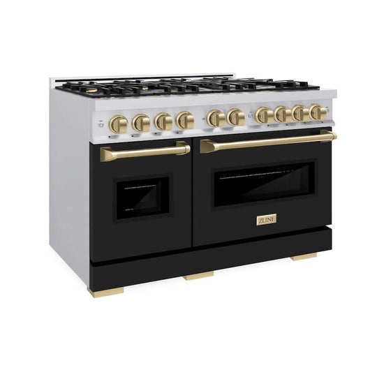 ZLINE Autograph Edition 48 in. 6.7 cu. ft. Classic Double Oven Gas Range with 8 Burner Cooktop in Stainless Steel with Black Matte Doors and Champagne Bronze Accents, Open Box-Good Condition