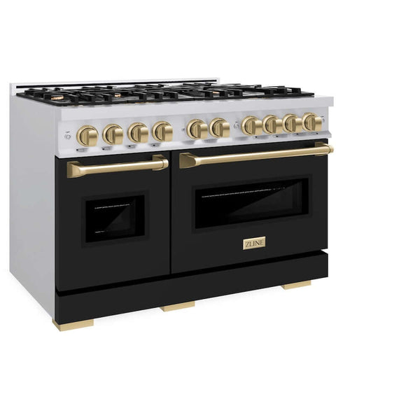 ZLINE Autograph Edition 48 in. 6.7 cu. ft. Classic Double Oven Gas Range with 8 Burner Cooktop in Stainless Steel with Black Matte Doors and Champagne Bronze Accents, Open Box-Good Condition
