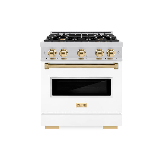 ZLINE Autograph Edition 30 in. 4.2 cu. ft. Classic Gas Range with 4 Burner Cooktop and Convection Gas Oven in Stainless Steel with White Matte Door and Polished Gold Accents (CGRZ-WM-30-G)