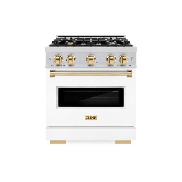 ZLINE Autograph Edition 30 in. 4.2 cu. ft. Classic Gas Range with 4 Burner Cooktop and Convection Gas Oven in Stainless Steel with White Matte Door and Polished Gold Accents (CGRZ-WM-30-G)